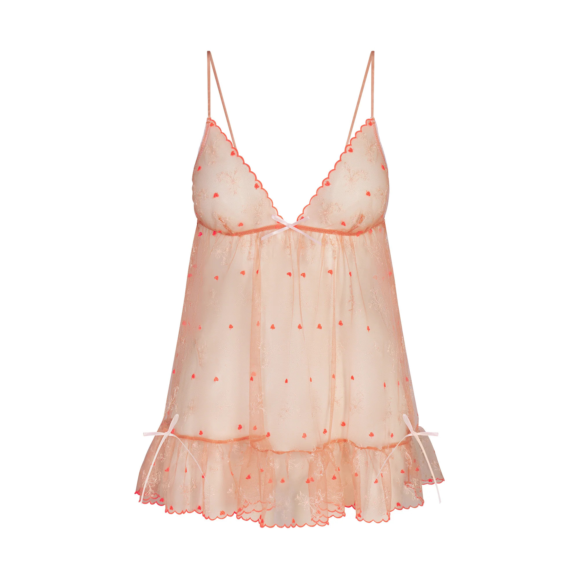 EMBROIDERED TULLE MINI SLIP DRESS AND TANGA SET | GUAVA HEART TULLE | SKIMS | SKIMS (US)