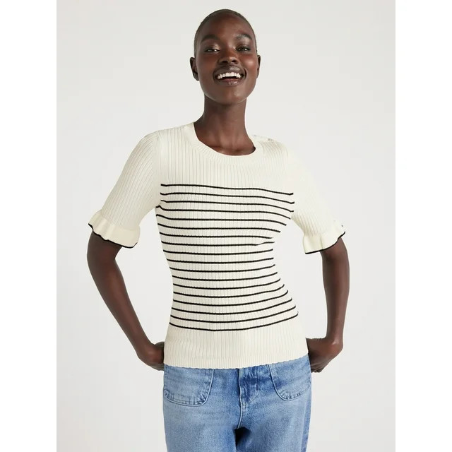 Free Assembly Women’s Short Sleeve Ruffle Trim Sweater, Midweight, Sizes XS-XXL | Walmart (US)