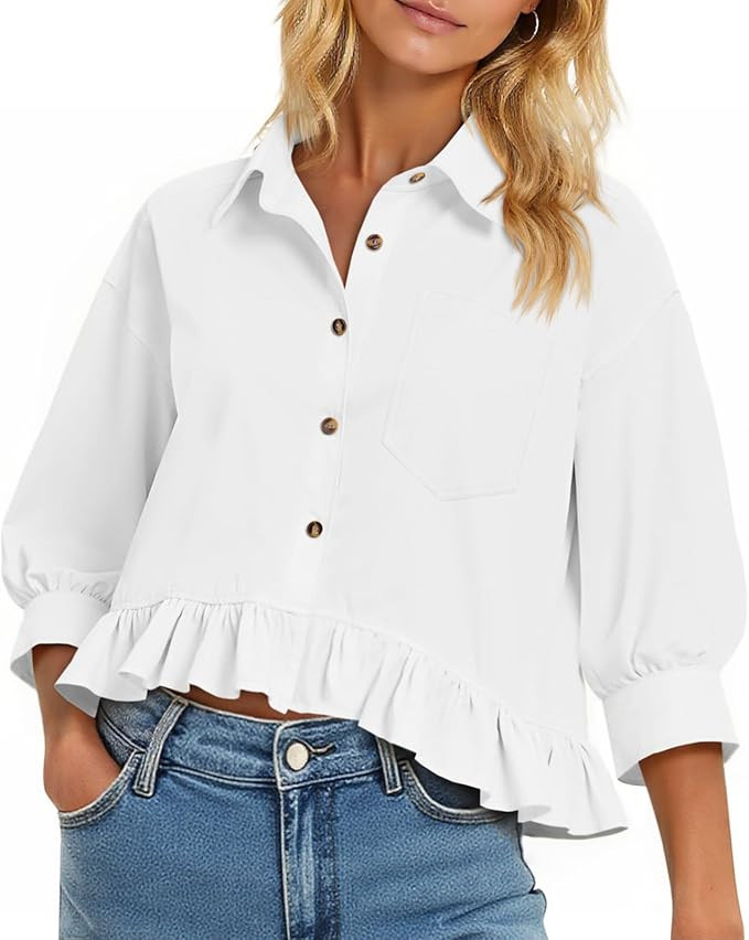 Cicy Bell Womens Cropped Button Down Shirts 3/4 Length Sleeve Casual Cotton Blouses Loose Fit Ruf... | Amazon (US)