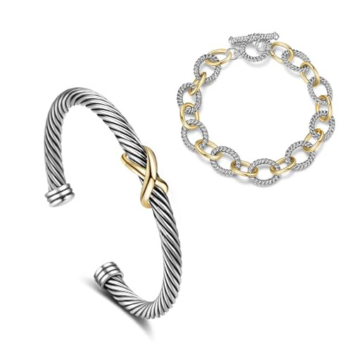 HANTNOOL 2PCS Twisted Cable Bracelet and Chain for Women Fashion Wire Cuff Bracelet Link Chain Adjustable Bangle Designer Dupes Jewelry Gifts for Her | Amazon (US)