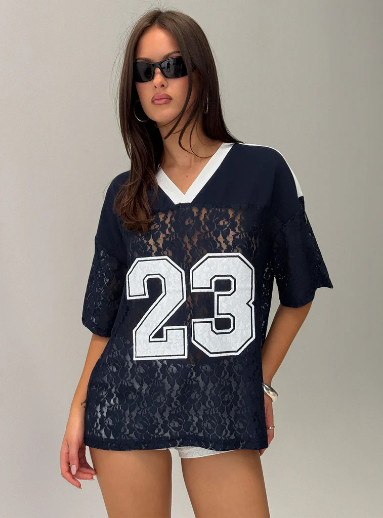 Lucky 23 Lace Jersey Graphic Top Navy | Princess Polly US