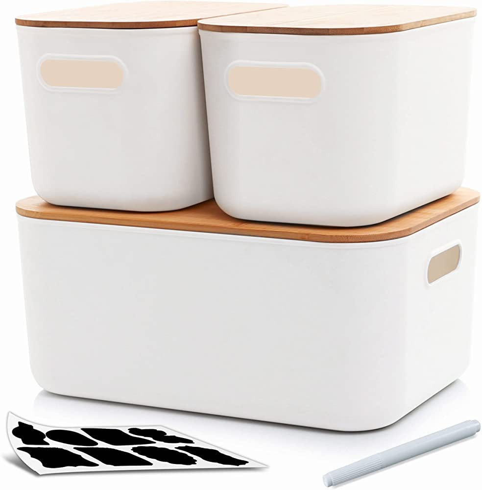Citylife Set of 3 Storage Bins with Bamboo Lids Plastic Storage Containers for Organizing Stackab... | Amazon (US)