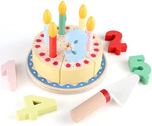 Steventoys Wooden Cutting Birthday Cake Toys,DIY Pretend Play with Candles for Kids,Play Food Set ,L | Amazon (US)