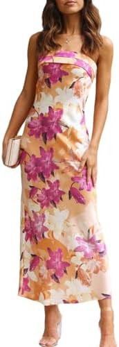 Realtix Satin Silk Backless Tube Tops Maxi Dress for Women Low Back Hollow Out Elegant Strapless ... | Amazon (US)