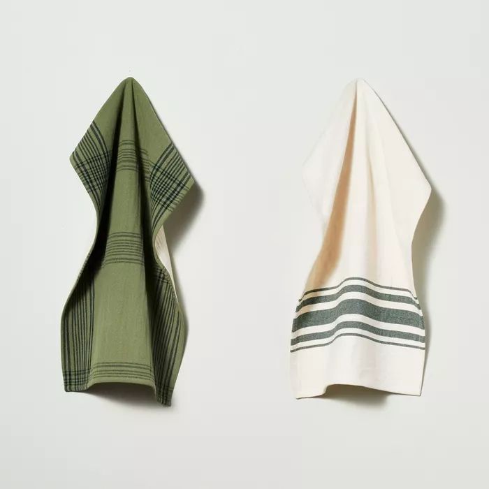 2pc Open Plaid & Variegated Stripe Kitchen Towel Set Tonal Green/Cream - Hearth & Hand™ with Ma... | Target