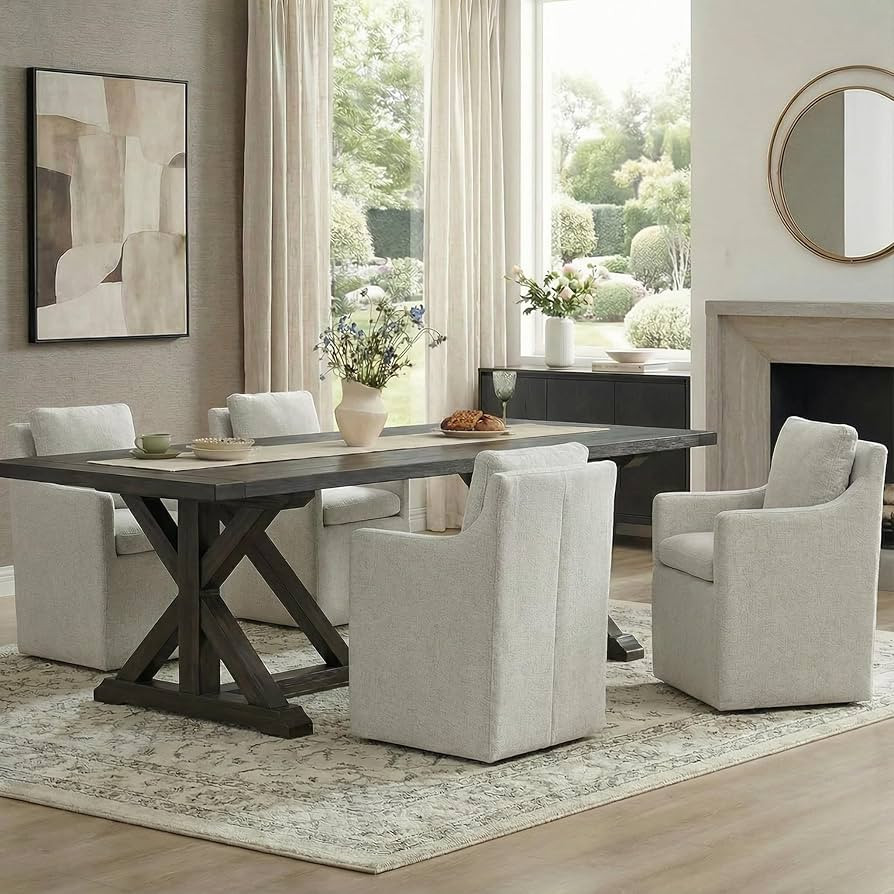 Upholstered Dining Chairs with Casters, No Assembly Modern Accent Armchair with Rollers for Dinin... | Amazon (US)