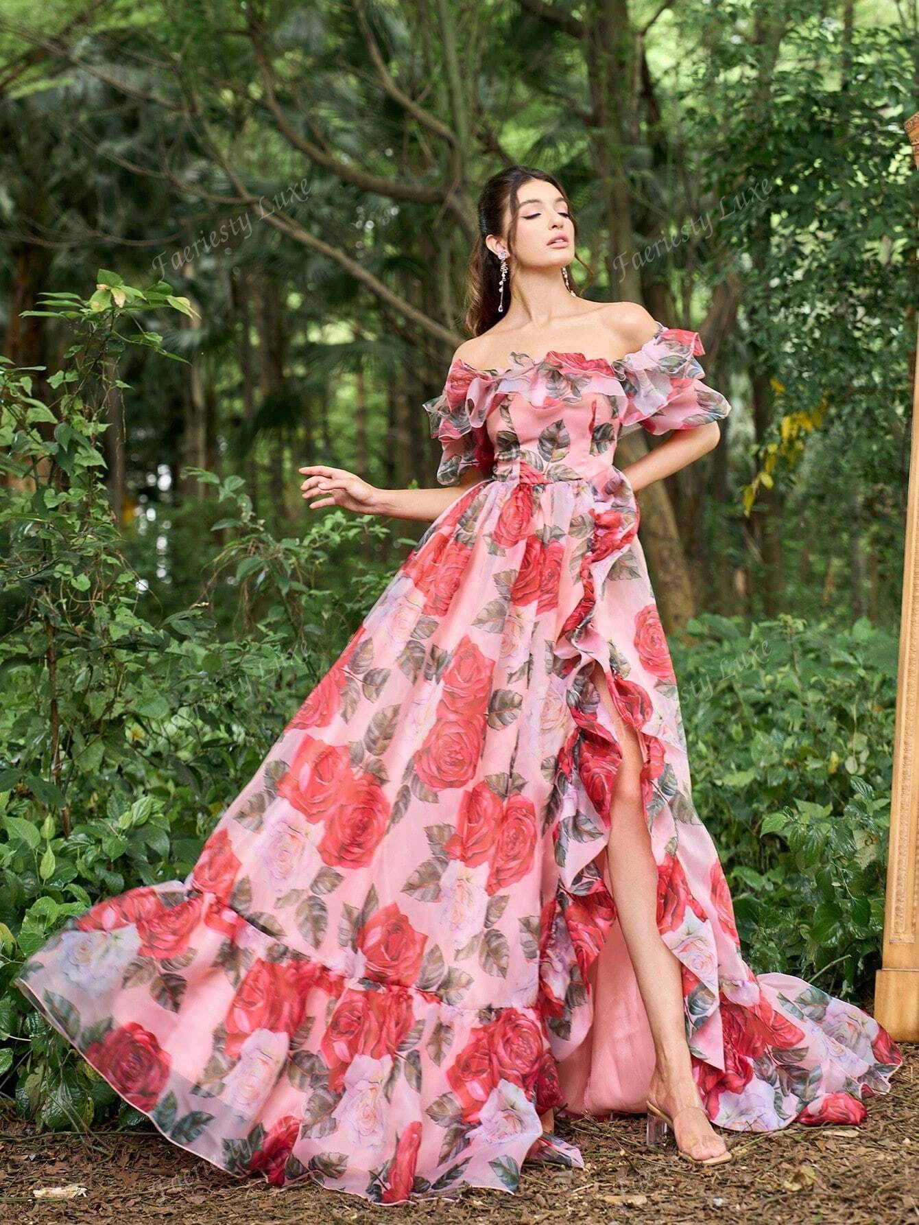 Floral Printed Back Lace Up Formal Prom Dress | SHEIN