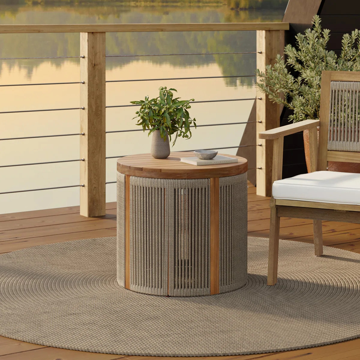 Outdoor Acacia Wood Rope Sides Round Drum Side and End Table | Wayfair North America
