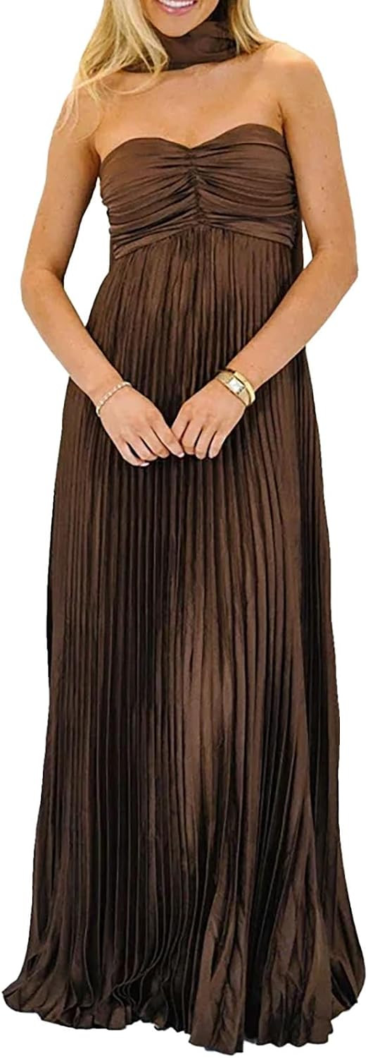 Women Bridesmaid Dresses with Scarf Strapless Pleated Flowy Solid Long Formal Wedding Guest Dress Womens Fall Dresses | Amazon (US)
