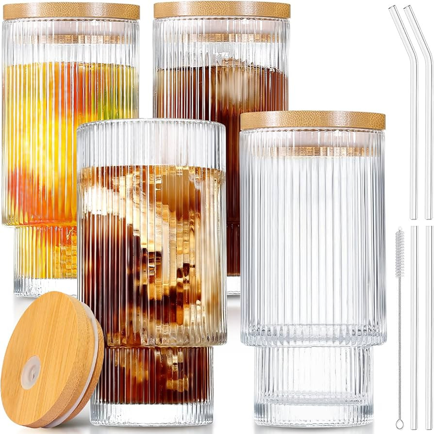 GMISUN Glass Cups with Lids and Straws, Iced Coffee Cups with Lids, Ribbed Glassware, Drinking Gl... | Amazon (US)