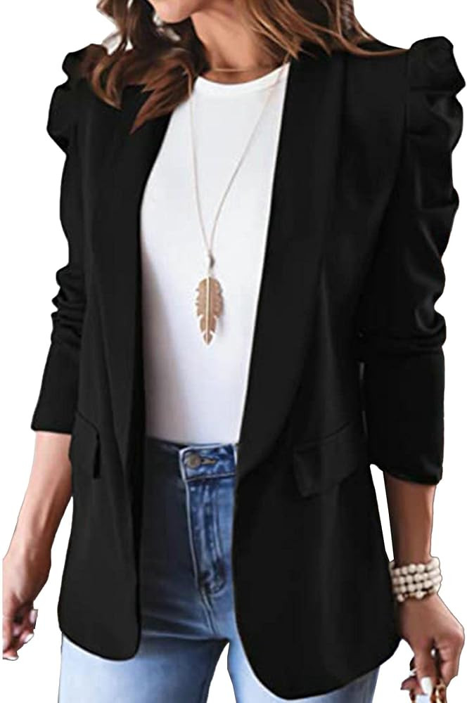 SEMATOMALA Women's Puff Sleeve Shoulder Pad Slim Business Blazer Suit Casual Lapel Open Front Wor... | Amazon (US)