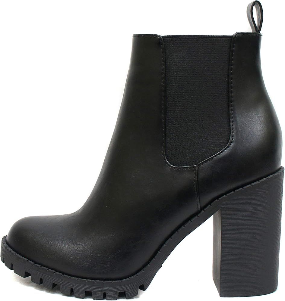 Amazon.com | Soda Glove - Ankle Boot w/Lug Sole Elastic Gore and Chunky Heel (8, Black (PU)) | An... | Amazon (US)