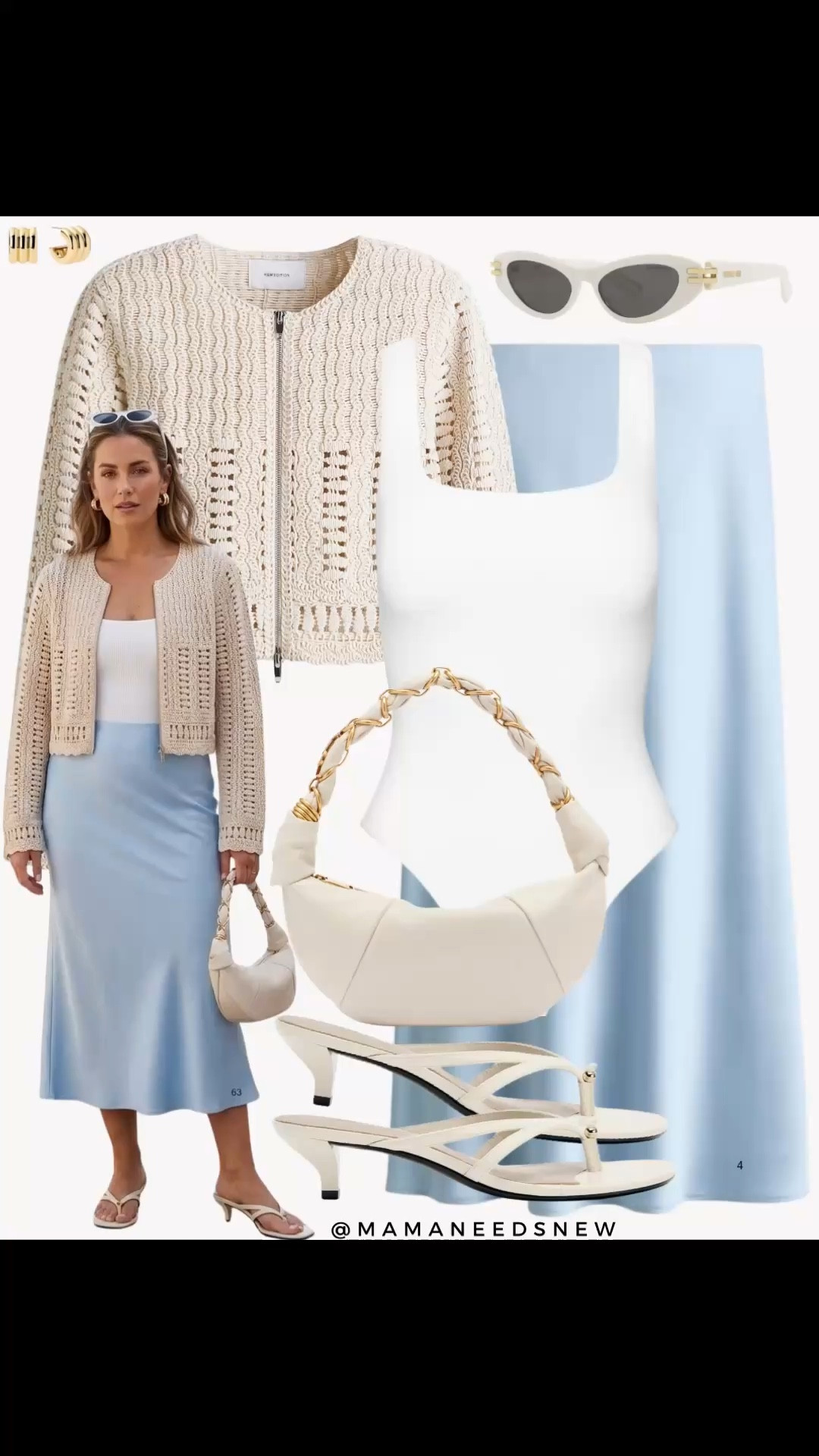 A spring outfit with a crochet jacket, bodysuit, satin skirt, heels, shoulder bag 🤍🩵

#LTKSaleAlert #LTKSeasonal #LTKootd