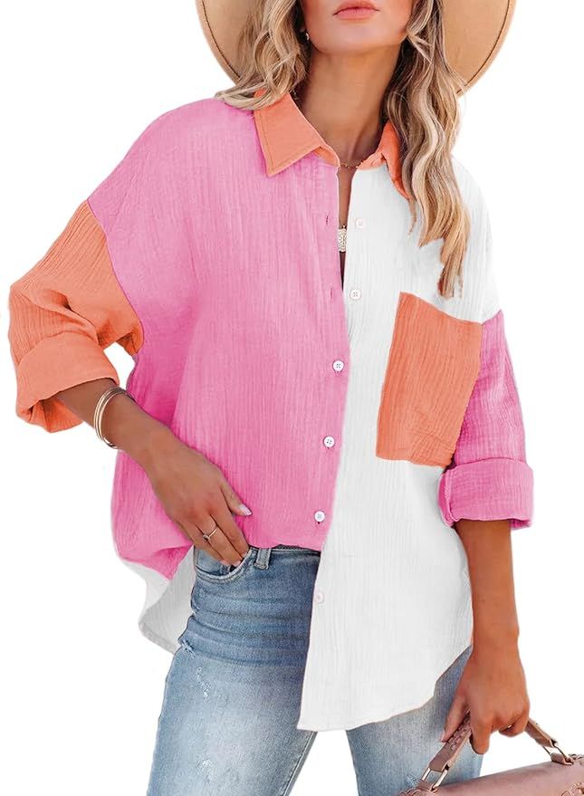 ONIRIKE Womens Long Sleeve Color Block Button Down Boyfriend Oversized Shirt Blouse Tops | Amazon (US)