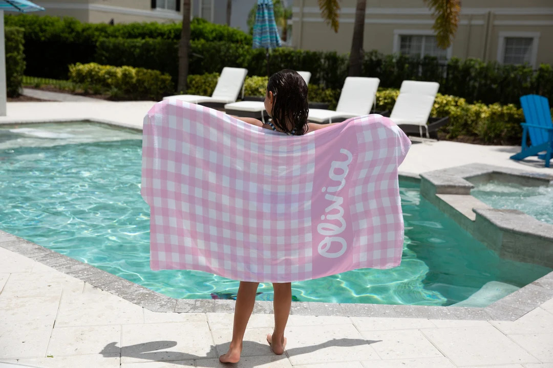 Beach Towel Personalized For Kids | Kids Pool Towel | Pink or Blue Gingham Beach Towel For Kids |... | Etsy (US)