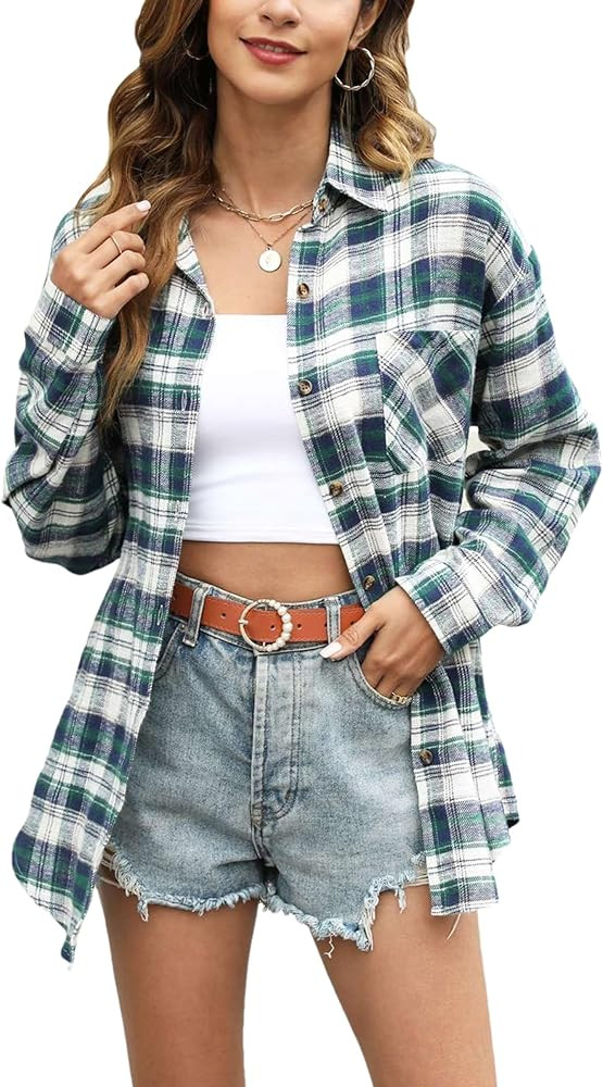 Oversized Womens Flannel Plaid Soft Flannel Button Down Shirt Roll Up Long Sleeve Flannel Plaid S... | Amazon (US)