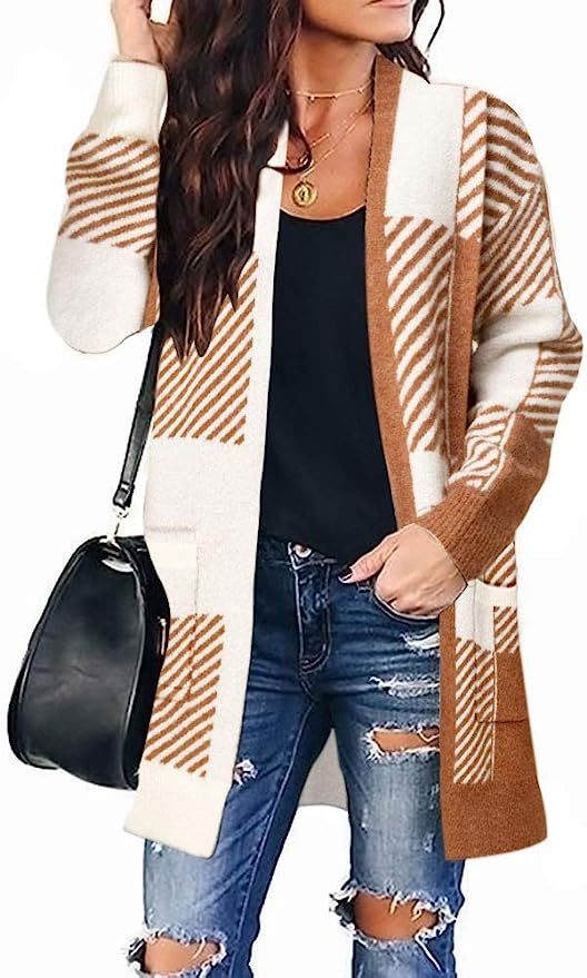 MEROKEETY Womens Plaid Long Sleeve Open Front Cardigan Knit Sweater Coat | Amazon (US)