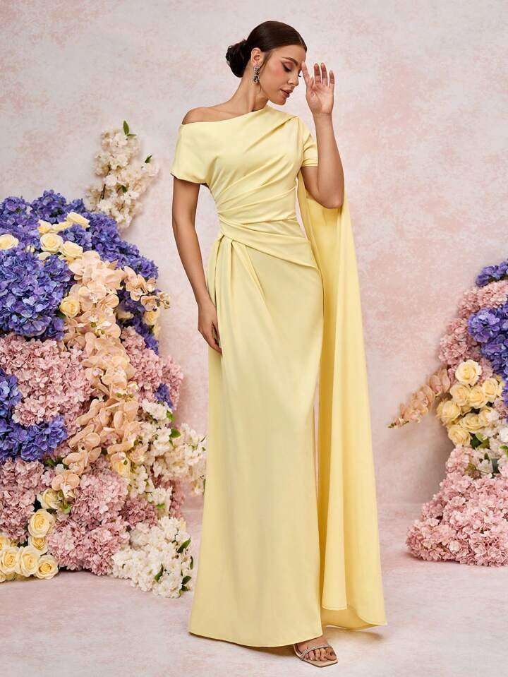 SHEIN Belle Elegant And Romantic Light Yellow Woven Material, Sloping Shoulders, Asymmetrical Sleeves, Floating Panels, Pleated Micro Fishtail Hem, Suitable For Dates, Vacations, Weddings, Events, Back-To-School Season, Graduation Season, Formal Bridesmaid Dress | SHEIN