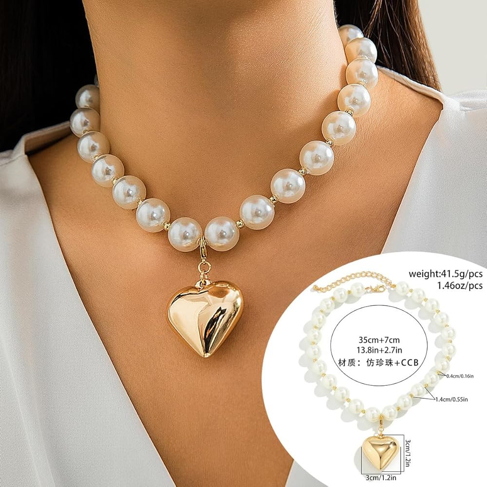 Heart Necklaces for Women Gold Chunky Heart Necklace Pearl Beads Choker Necklaces Y2k Necklace Tr... | Amazon (US)