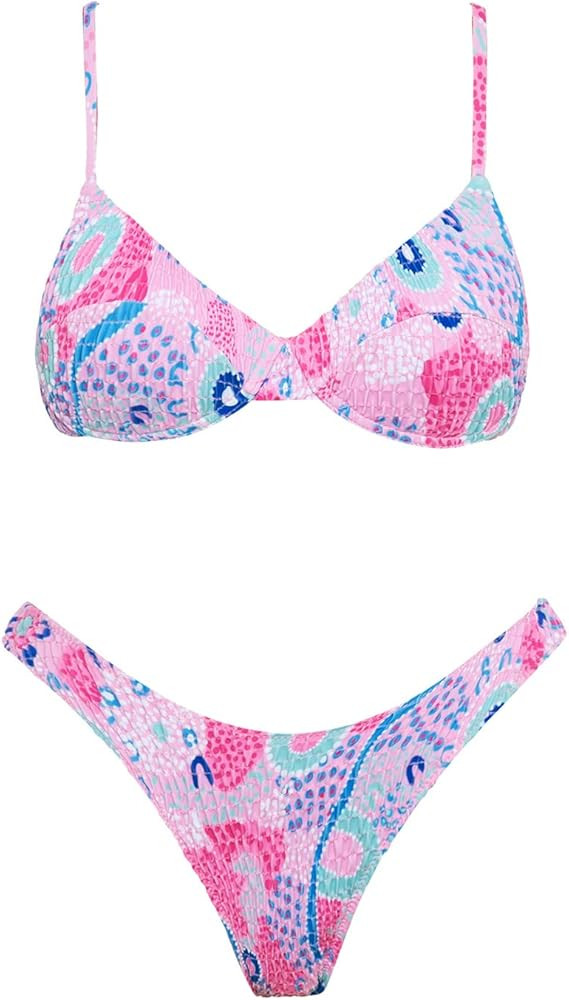 Women's Triangle Bikini Set Textured Frilled Smocked Ruched Push Up Swimsuit Two Piece Bathing Suit | Amazon (US)