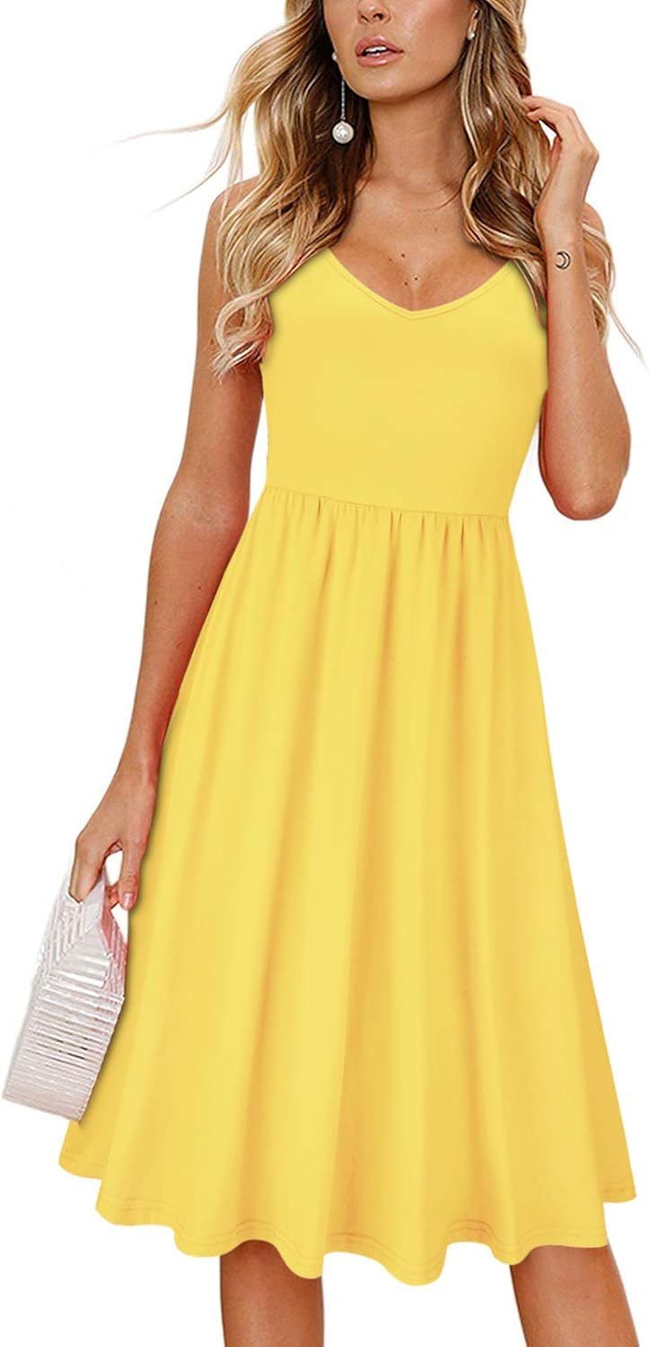 OUGES Womens Summer Backless Adjustable Spaghetti Strap Tie Back Plain Dress | Amazon (US)