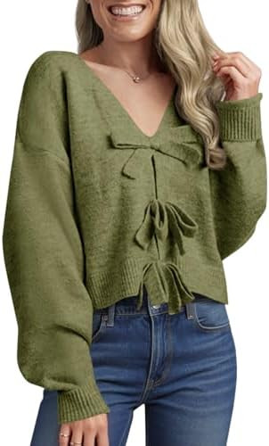 Saodimallsu Womens Bow Sweater Cropped V Neck Long Sleeve Fall Cozy Knit Loose Trendy Pullover Sw... | Amazon (US)