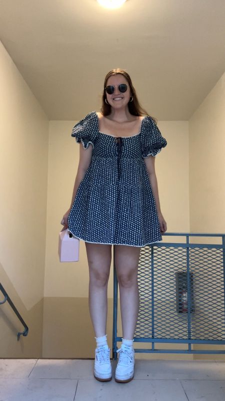 Navy blue and white floral print dress from en saison, mini dress, sundress, spring / summer, Reebok Club C Extra Sneakers, comfy shoes, casual outfit, office outfit, wear to work, rayban round sunglasses, gold jewelry from Amazon (hoop earrings, rings), Jefferies Socks Women's Plus Size Cotton Turn Cuff Sock, crew socks, pink box bag / purse

#LTKunder100 #LTKunder50 #LTKstyletip