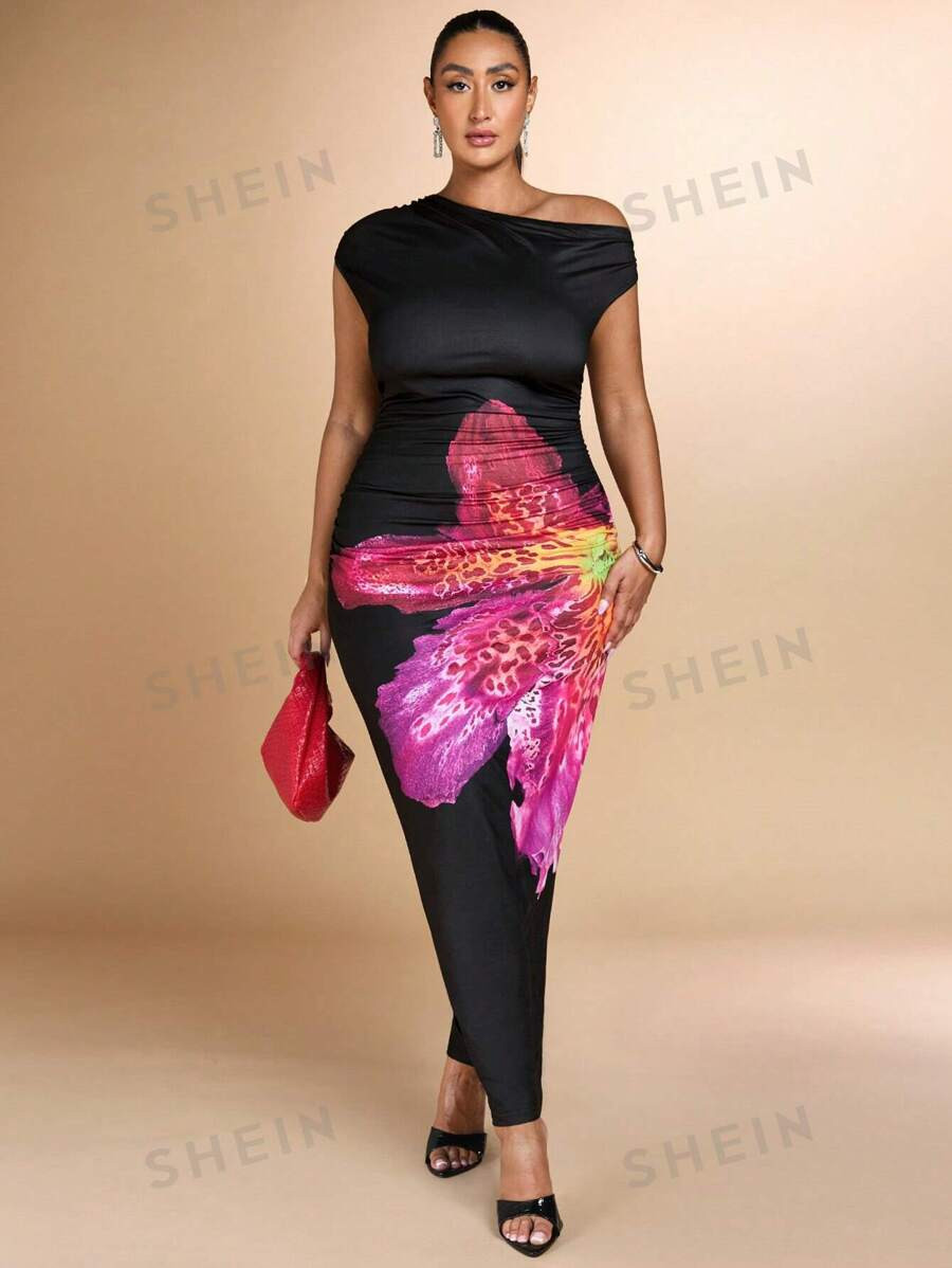 SHEIN BAE Plus Size Women's Black Solid Color Printed Asymmetrical Asymmetrical Neck Ruched Tight... | SHEIN
