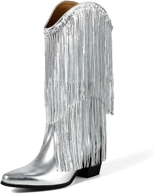 Women's Fringe Cowboy Boots Metallic Boots Western Women's Mid-Calf Cowgirl Boots with Pointed To... | Amazon (US)