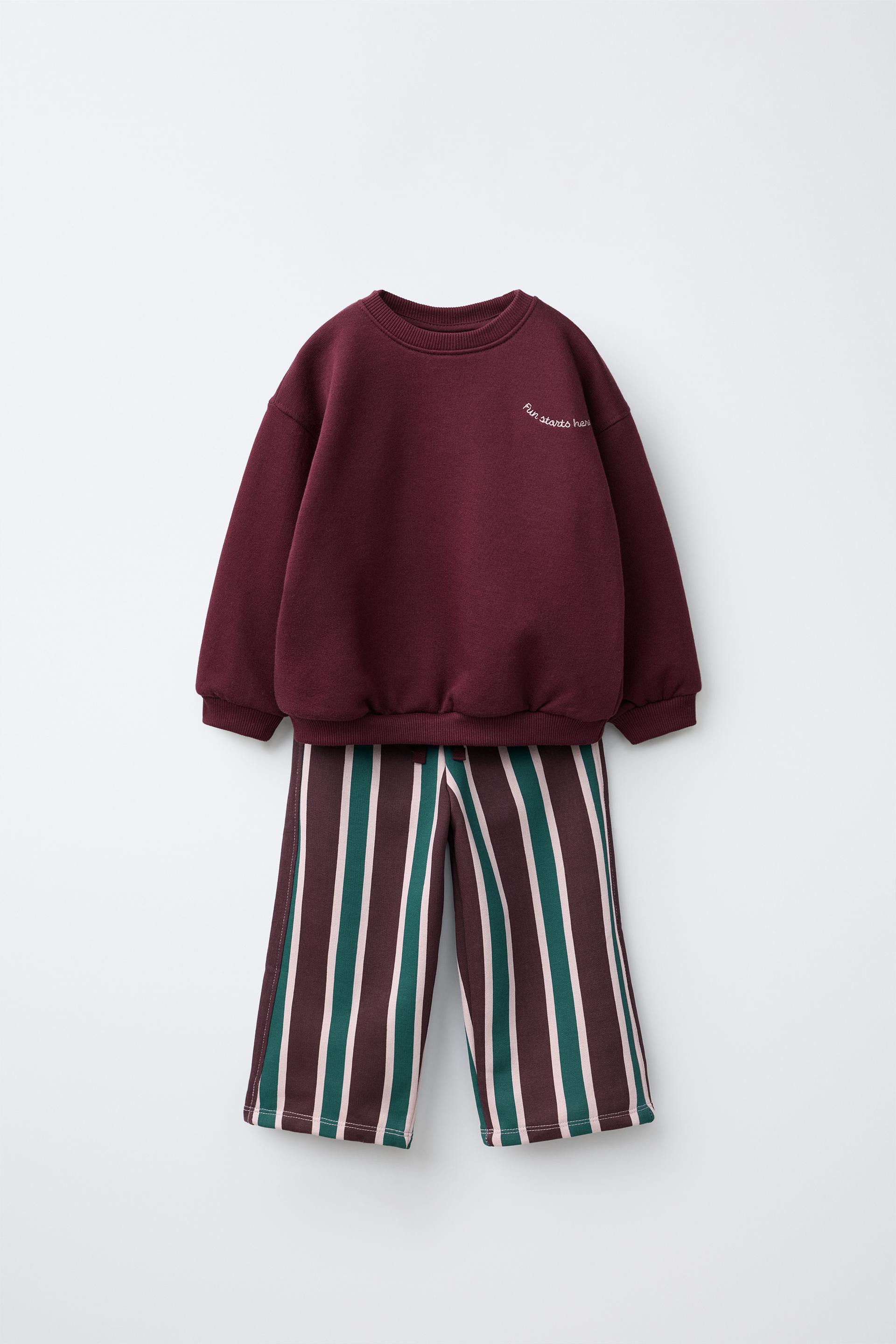 Zara - Printed Wide-Leg Sweatshirt And Pants Jogging Set - Burgundy - 5 Years (43,3 Inches) - Kids | Zara US