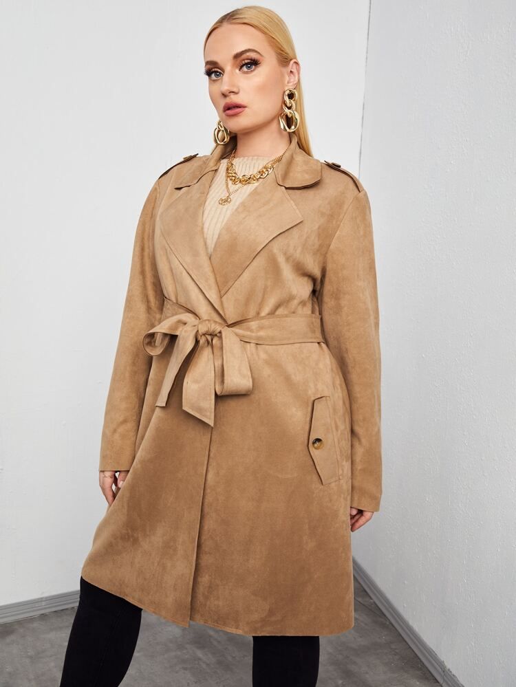 Plus Solid Button Suede Belted Coat | SHEIN