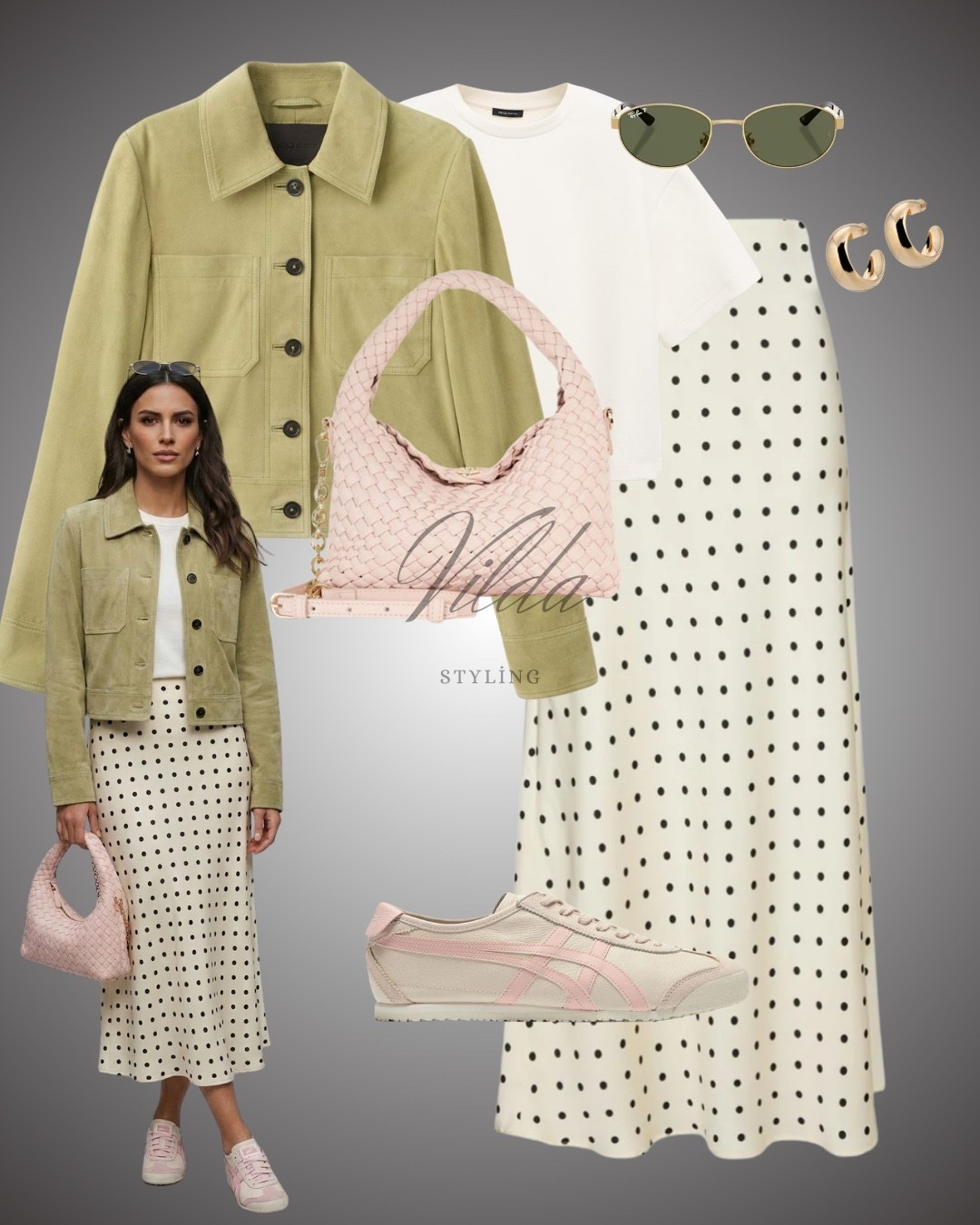Trendy & Playful
Mixing patterns and pastels for the perfect transition look! 🌿✨ This sage green suede jacket is the ultimate layering piece, especially paired with a classic polka dot midi. Finished the look with some pink accents for a soft, feminine touch
#PolkaDots #SuedeJacket #MidiSkirtStyle #OnitsukaTiger #Mexico66 #SneakerStyle


#LTKeurope #LTKuk #LTKspring