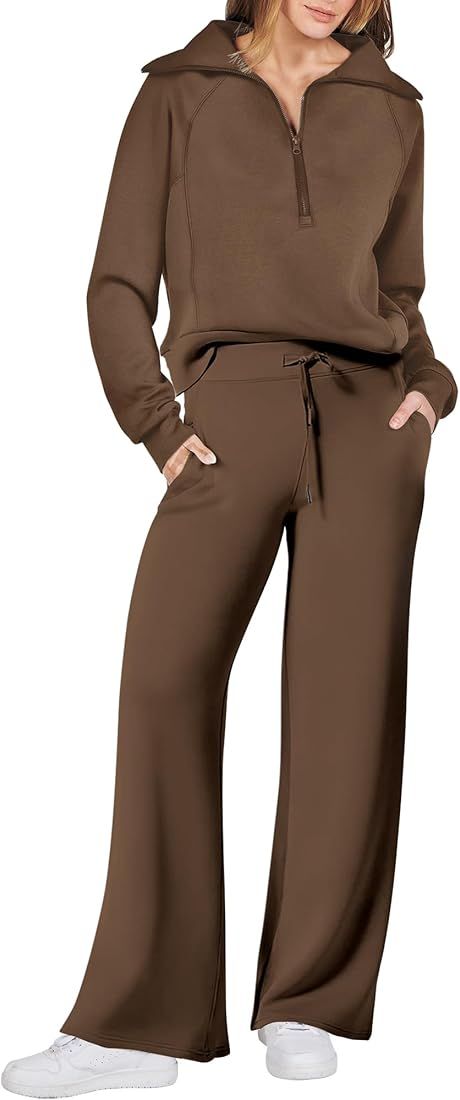 Women 2 Piece Outfits Sweatsuit Set 2023 Fall Oversized Half Zip Sweatshirt Wide Leg Sweatpant Lo... | Amazon (US)