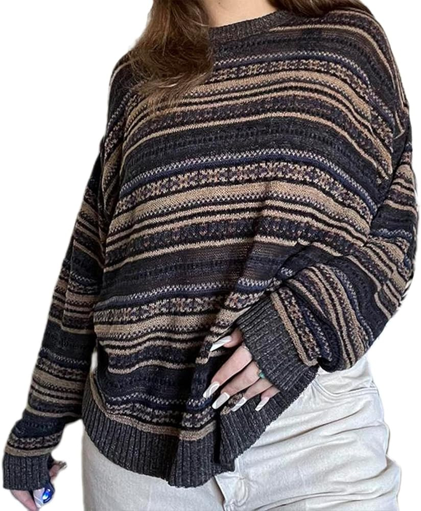 Women Y2K Argyle Striped Pullover Sweater Casual Long Sleeve Round Neck Vintage Preppy Style Pull... | Amazon (US)