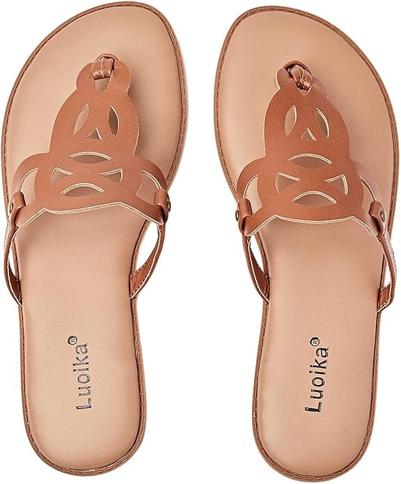 Luoika Women's Wide Width Flat Slides Sandals, Flip Flop Strappy Rhinestone Thong Sandals Comfort... | Amazon (US)