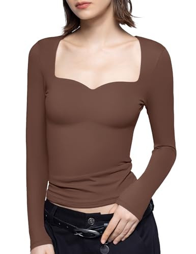 PUMIEY Long Sleeve Shirts for Women Sweetheart Neck, Slim Fit Basic Going Out Tops, Chocolate XX-Large | Amazon (US)