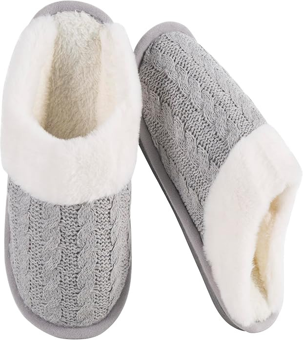 Winter Fuzzy Slippers for Women,Cozy Memory Foam House Shoes Soft Cable Knit Non-Slip Indoor Slip... | Amazon (US)