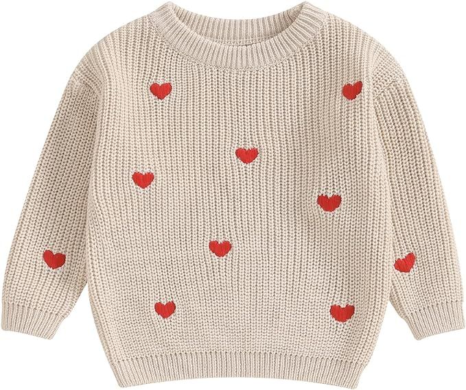 Bonangber Toddler Baby Girl Valentines Day Outfit Love Heart Sweet Long Sleeve Crewneck Sweater C... | Amazon (US)