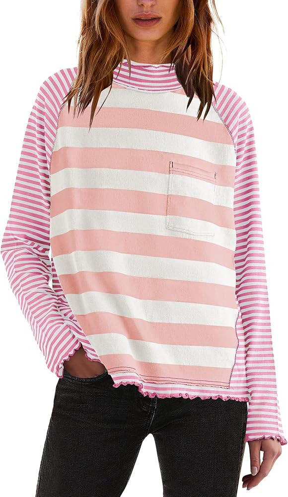 Panadila Womens Long Sleeve Striped Shirts Turtleneck Raglan Shirt Cute Color Block Tunic Tops Lo... | Amazon (US)