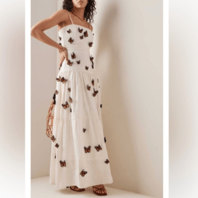 NWT Agua By Agua Bendita Lima Monarca Appliqued Tiered Linen Maxi Dress Medium | eBay US