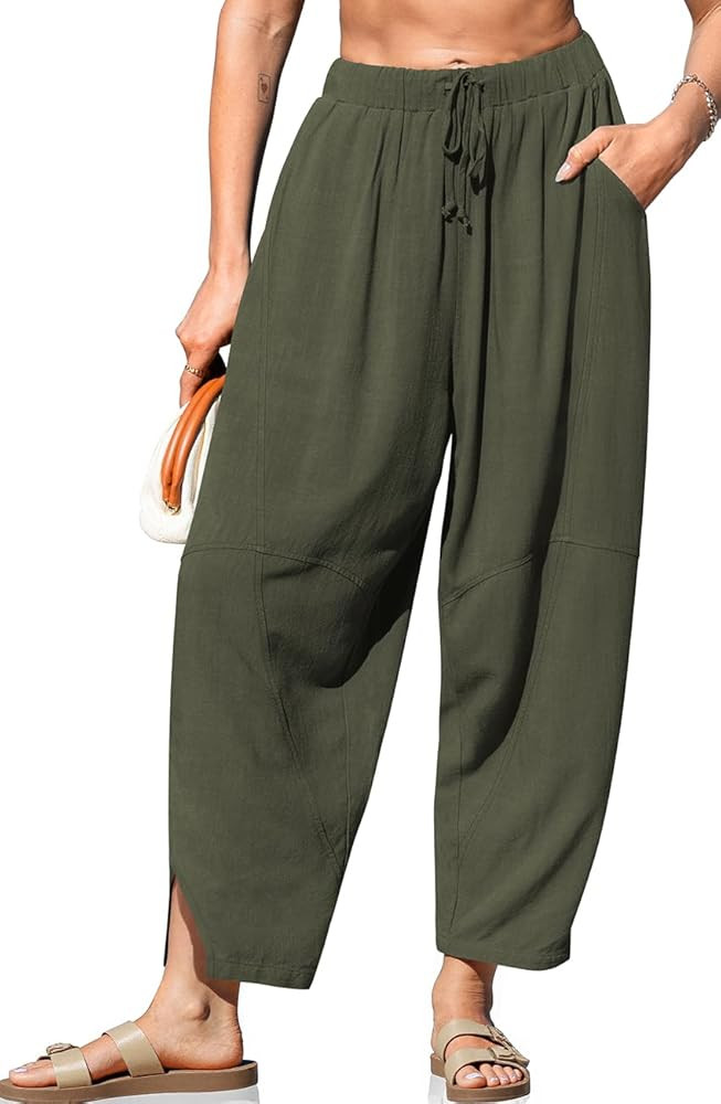 TARSE Women's Linen Harem Pants Casual Loose Fit Wide Leg Cropped Lightweight Drawstring Elastic ... | Amazon (US)