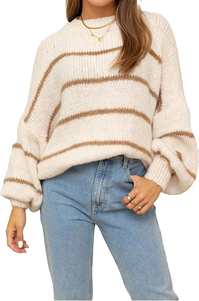 Womens Oversized Striped Sweaters Fall Casual Long Sleeve Color Block Pullover Chunky Knit Pullov... | Amazon (US)