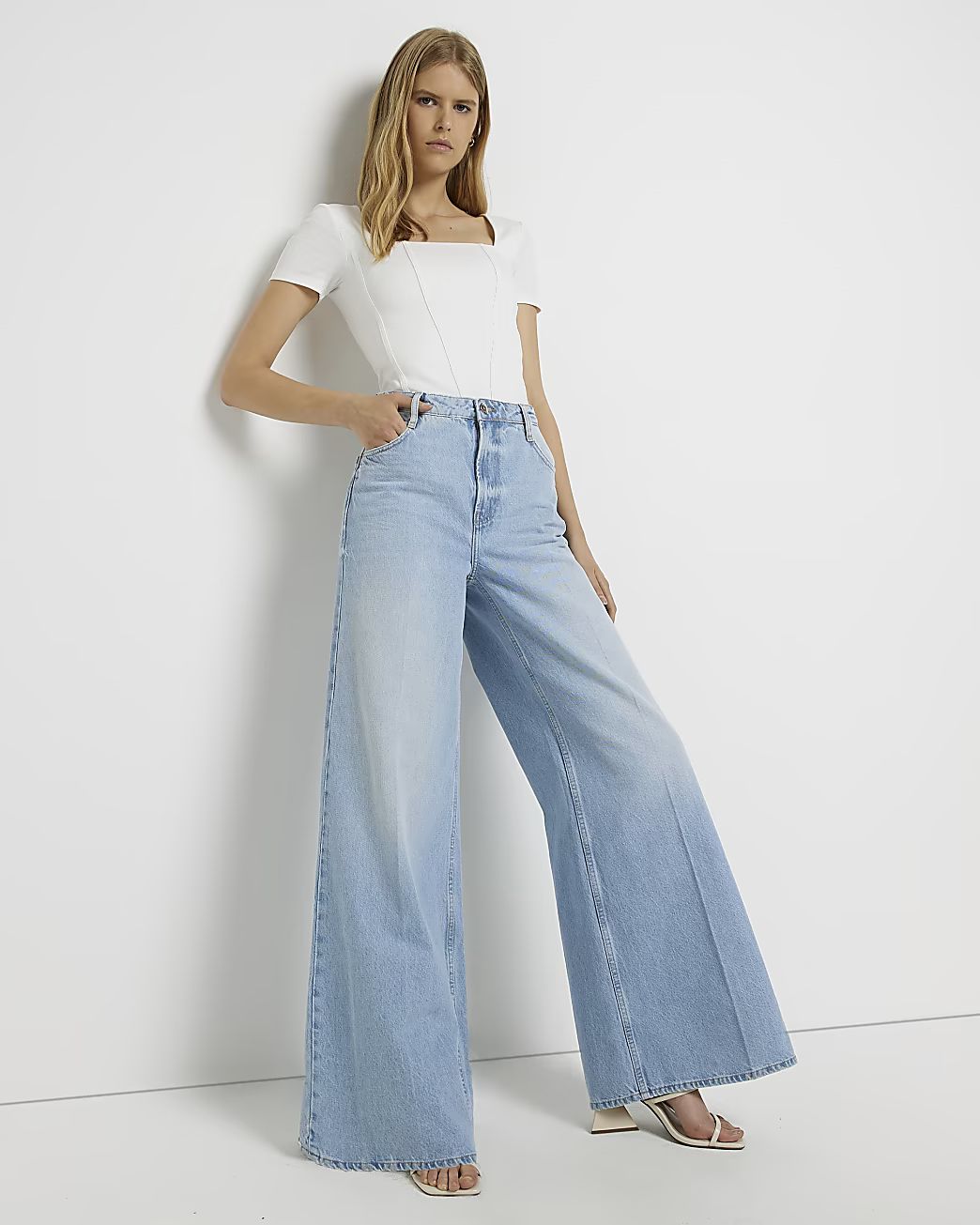 River Island Womens Blue high waisted wide leg jeans | River Island (US)