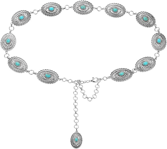 Tarpop Turquoise Belt for Women Western Concho Chain Belt Oval Round Flower Adjustable Metal Belt... | Amazon (US)