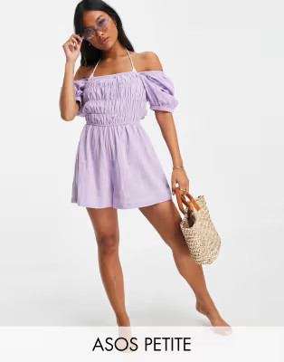 ASOS DESIGN Petite shirred puff sleeve playsuit in lilac | ASOS (Global)