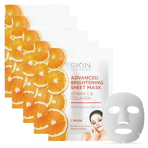 Skin Aesthetics Vitamin C & Collagen Sheet Face Mask - Reduces Wrinkles & Age Spots, Hydrating - Dermatologist Tested Korean Skincare - Clean Beauty, Cruelty-Free - 5 Masks | Amazon (US)