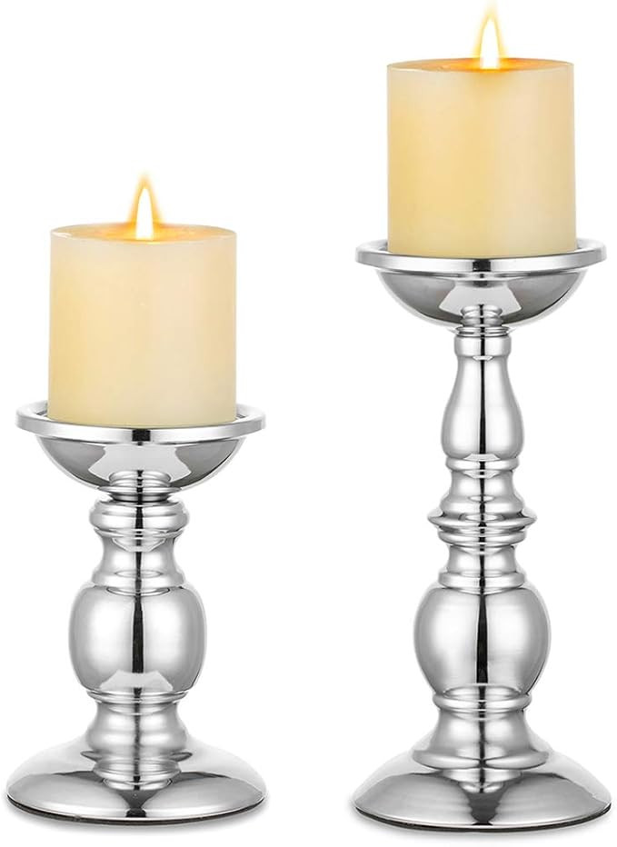 Nuptio Pillar Candle Holders Metal Candle Holder Ideal for 3 inches Candles, Silver Candle Holder... | Amazon (US)