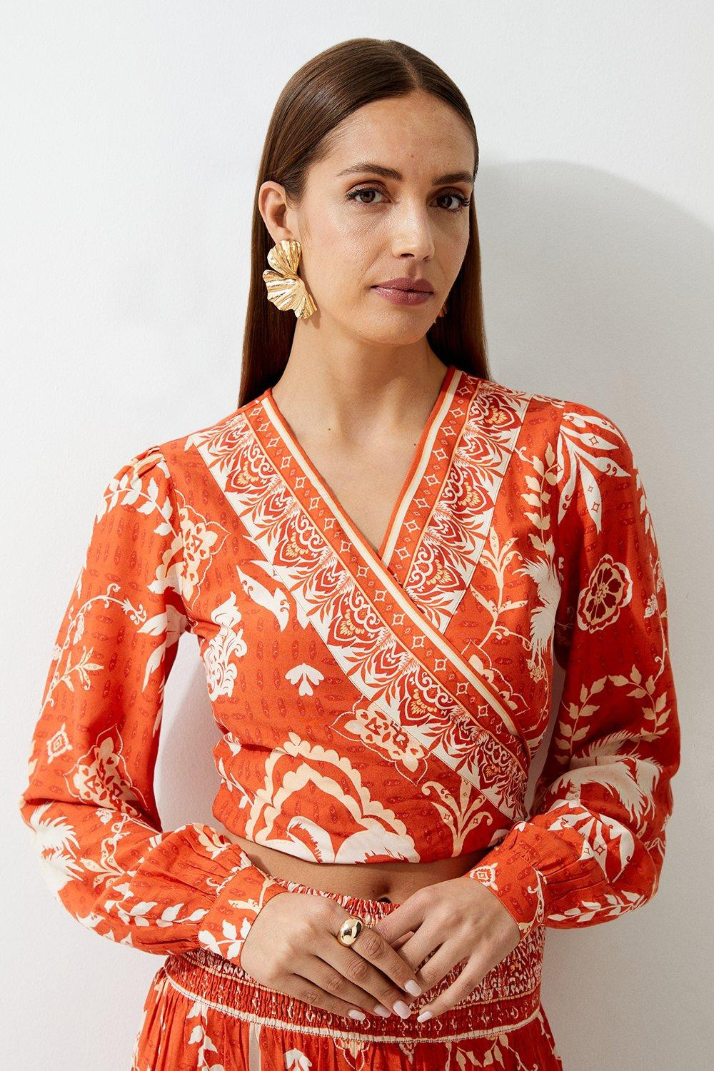 Printed Viscose Woven Wrap Balloon Sleeve Top | Karen Millen US