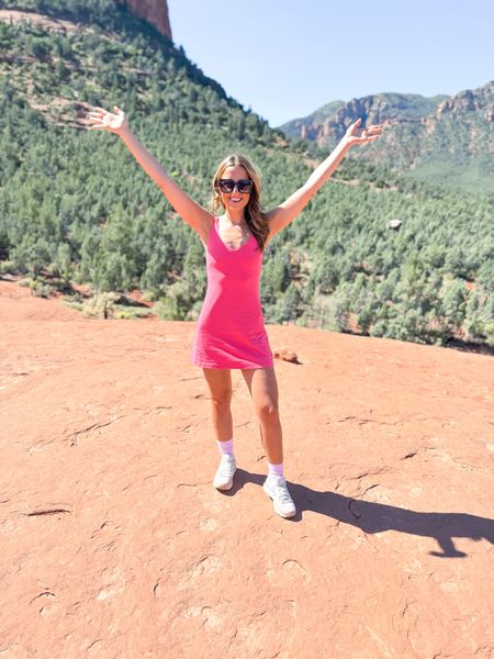 Hiking outfit. Summer outfit. Athleisure. Activewear. Lululemon Align dress in sz 2. Free people packable puffer jacket in XS. Lululemon belt bag 2L. Veja hiking shoes - so good! Size up if you are a half size. 

*I wore this hiking in Sedona! 

#LTKActive #LTKTravel #LTKShoeCrush