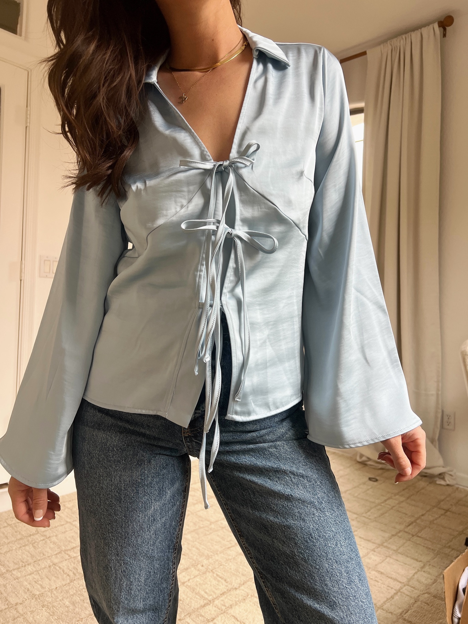 Silky blue front tie blouse
Size small 
Jeans size 2



#LTKStyleTip #LTKWorkwear #LTKFindsUnder50